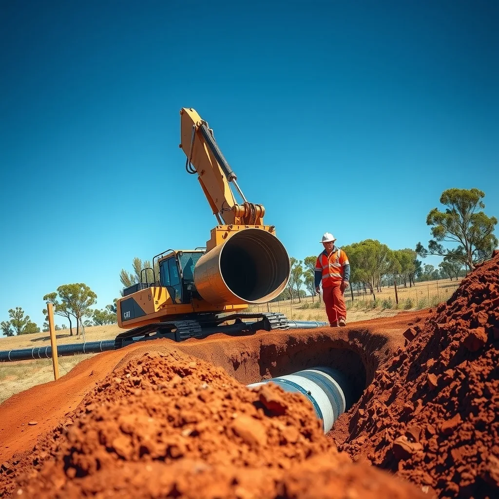 Excavator lowering sewer pipe into a trench at a regional Australian housing subdivision under construction.