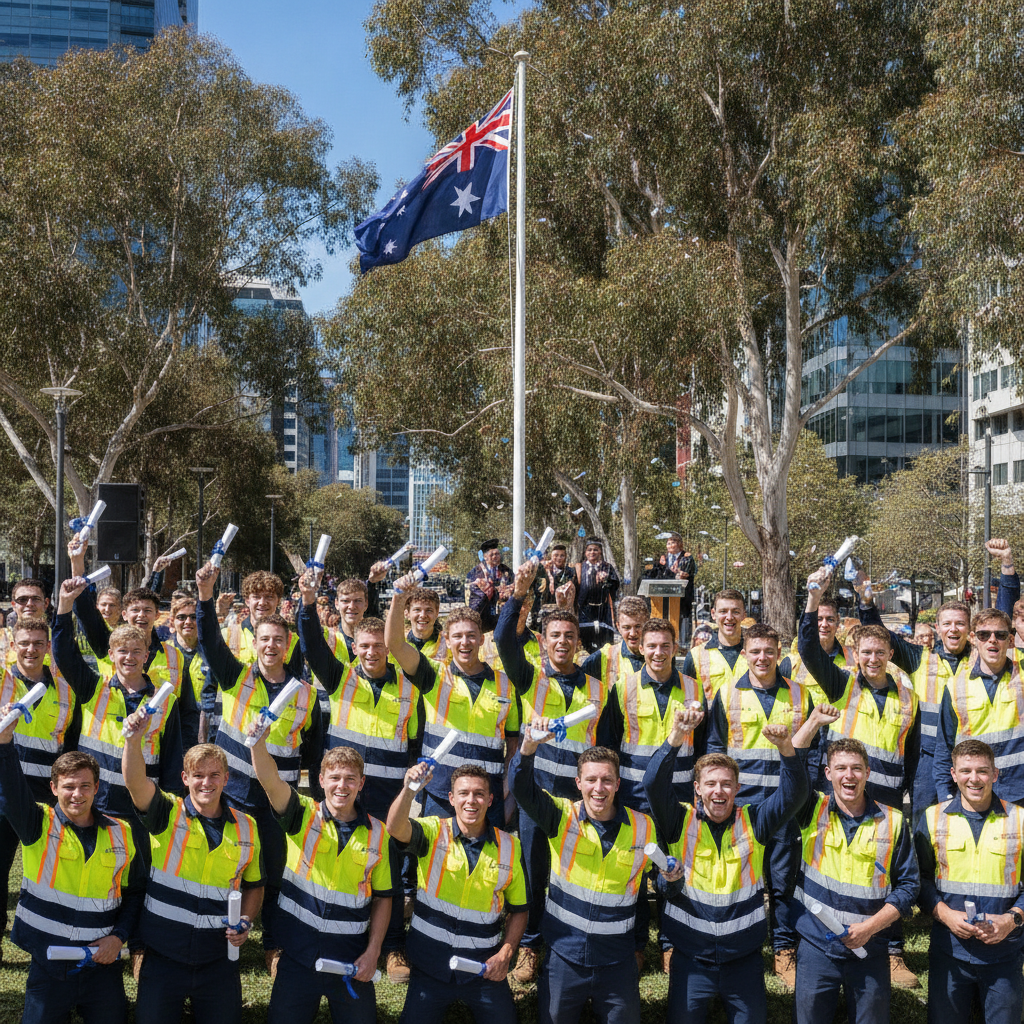 Australian trades apprentices at a graduation ceremony holding certificates