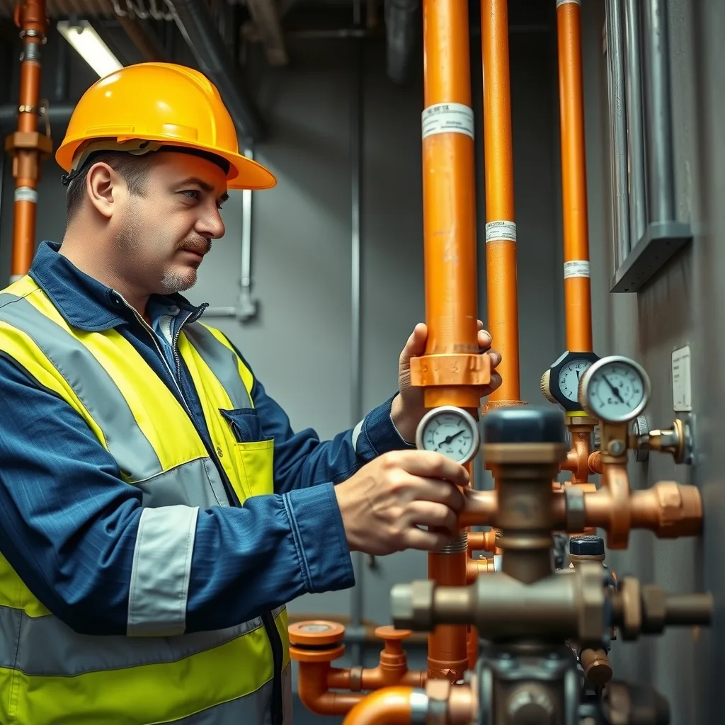 A plumber in hi-vis working on insulated hot water pipework inside a plant room