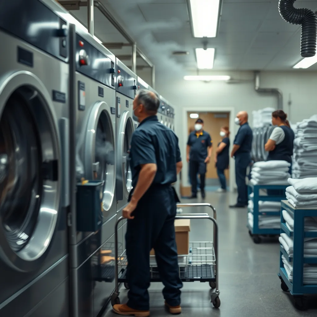 Industrial washing machines running in a commercial laundry at a care facility