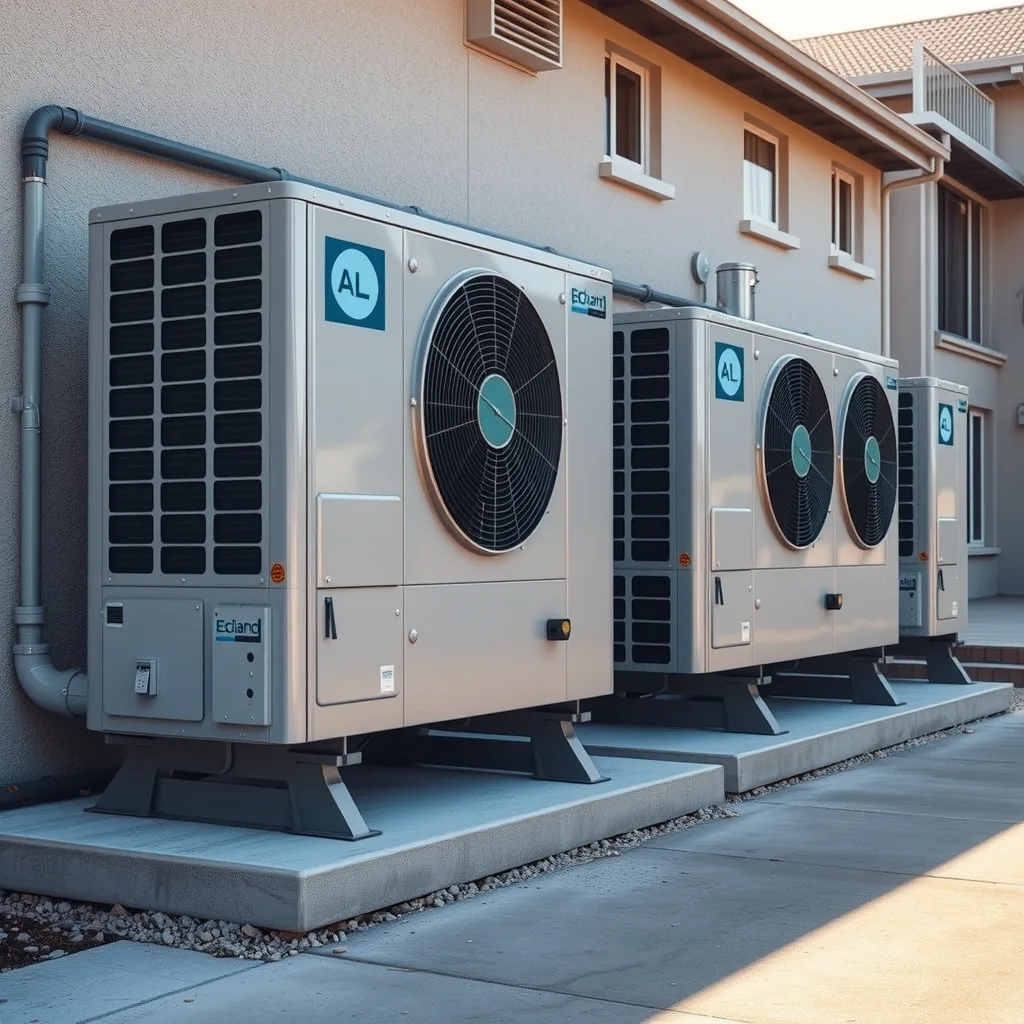 Commercial heat pump units installed on a slab beside an aged care building with insulated hot water pipework running inside