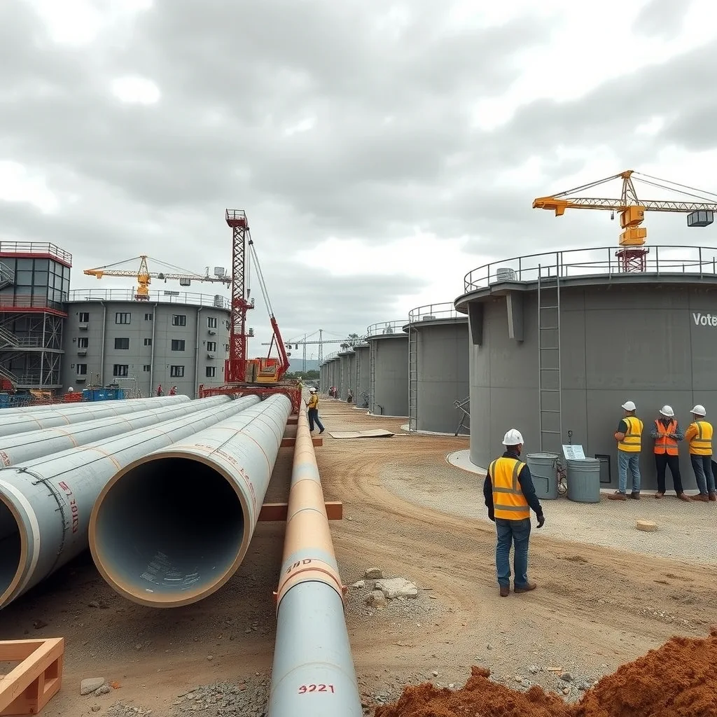 Large pipework and part-built concrete tanks at an Australian water treatment plant construction site.