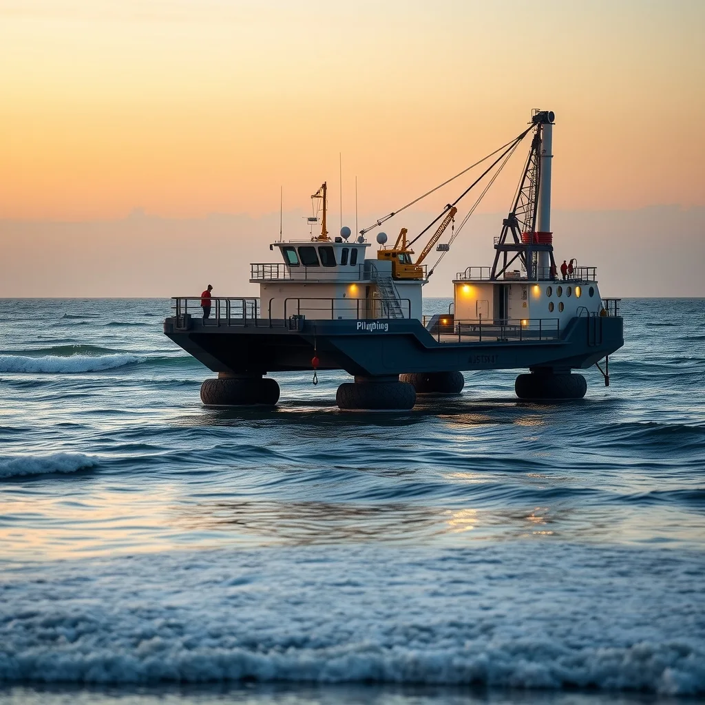 A jack-up construction barge with legs lowered sitting offshore from an Australian beach at dawn.