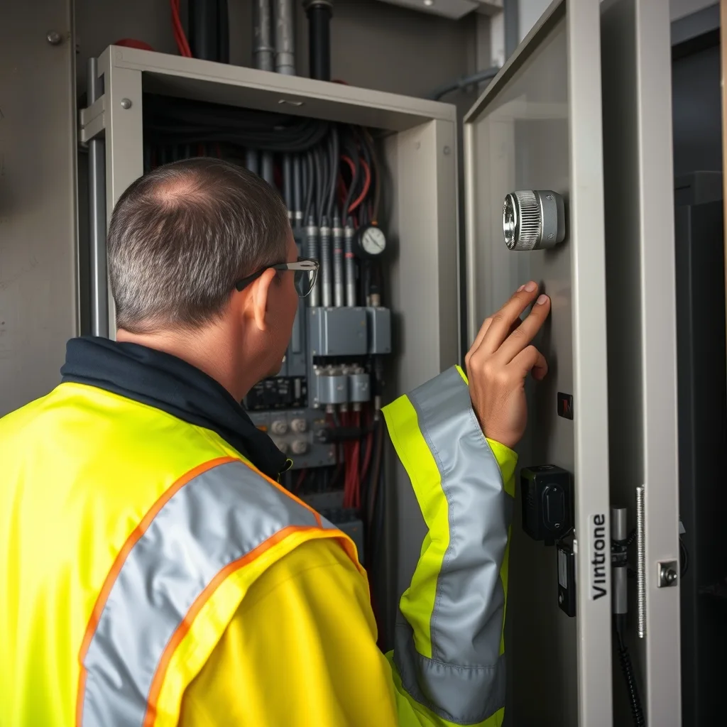 Electrician working on a switchboard inside a water utility pump station