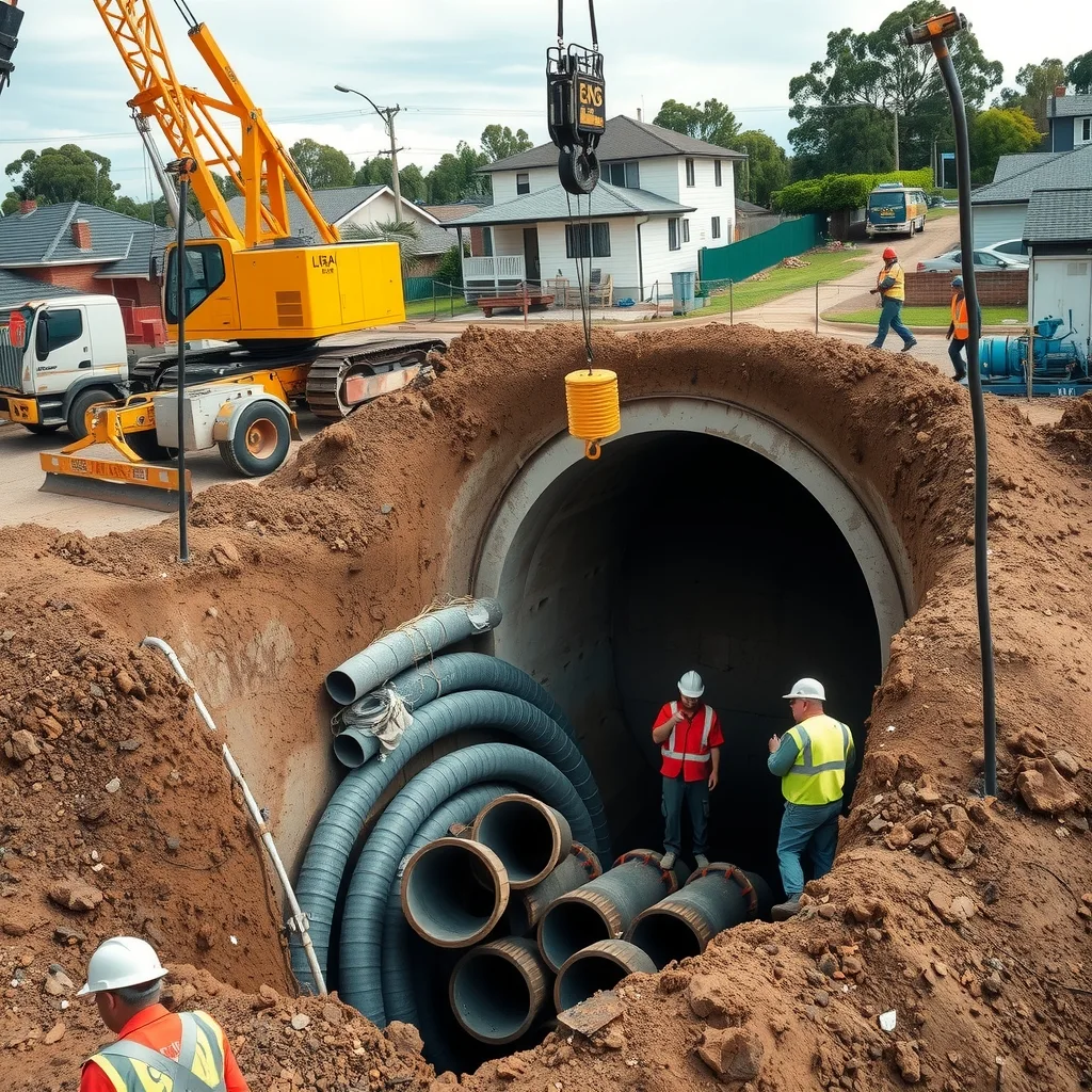 Micro-tunnelling launch shaft with jacking pipes stacked on a civil construction site
