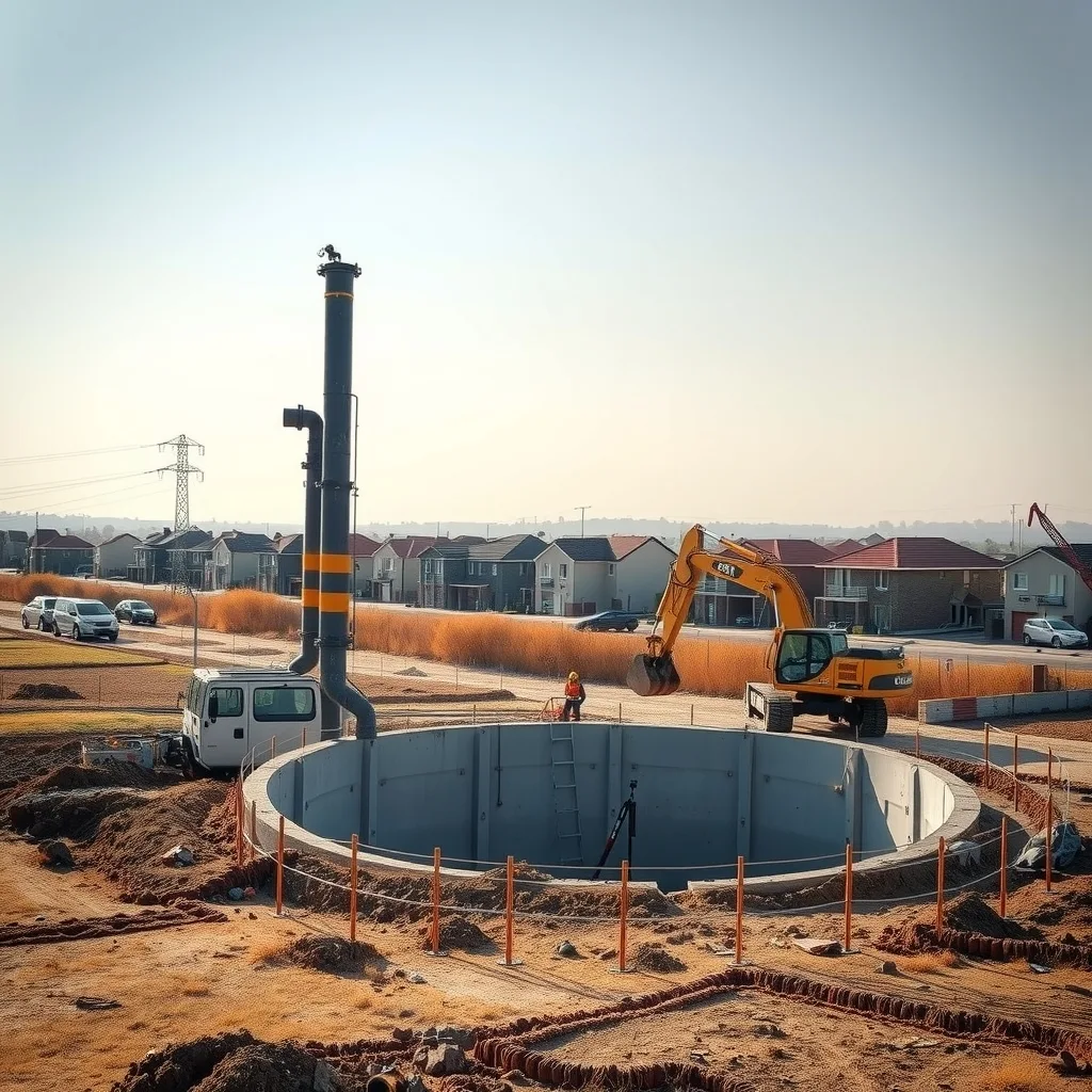 Sewer pump station construction site with dry paddocks and new housing estates behind it