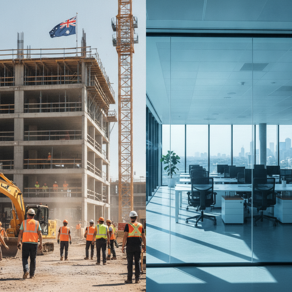 Busy Australian construction site contrasted with a quiet office building