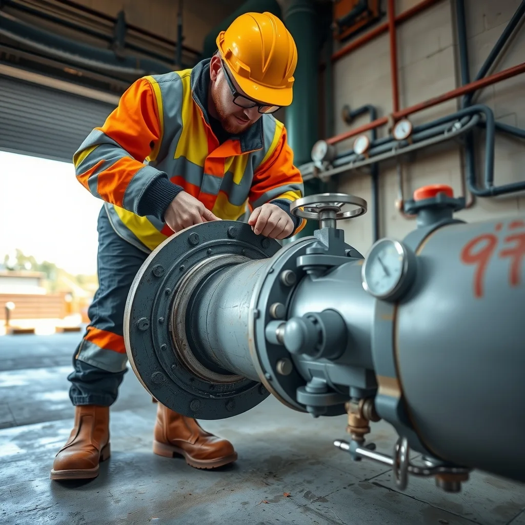 A pipe fitter bolting a flange on large water main pipework inside a pump station.