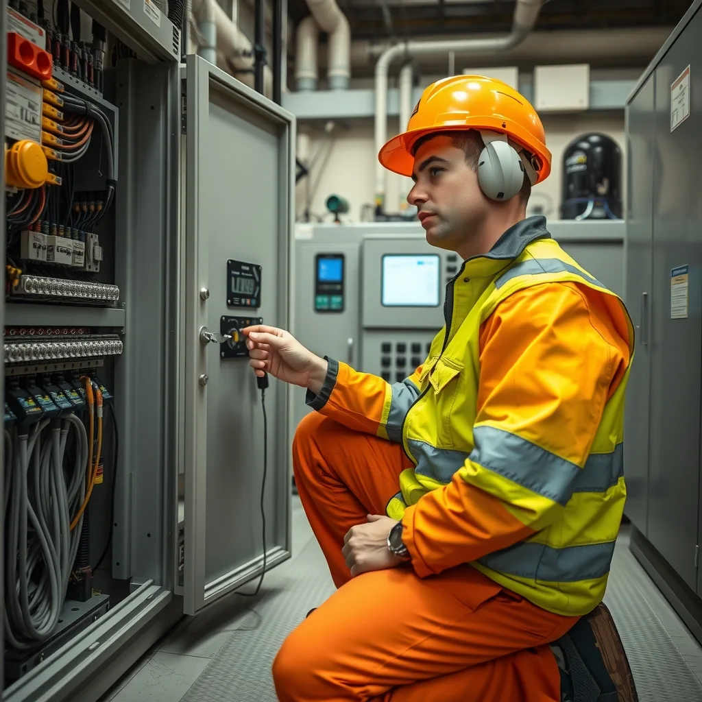 An electrician terminating cables in an industrial control panel at a water utility switchroom.