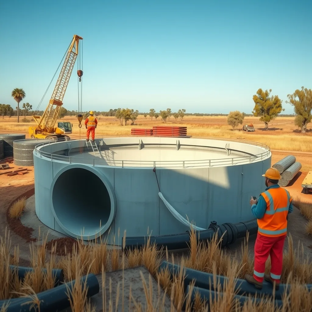 Construction workers and a crane building a large concrete water storage tank at a regional Australian water treatment site.