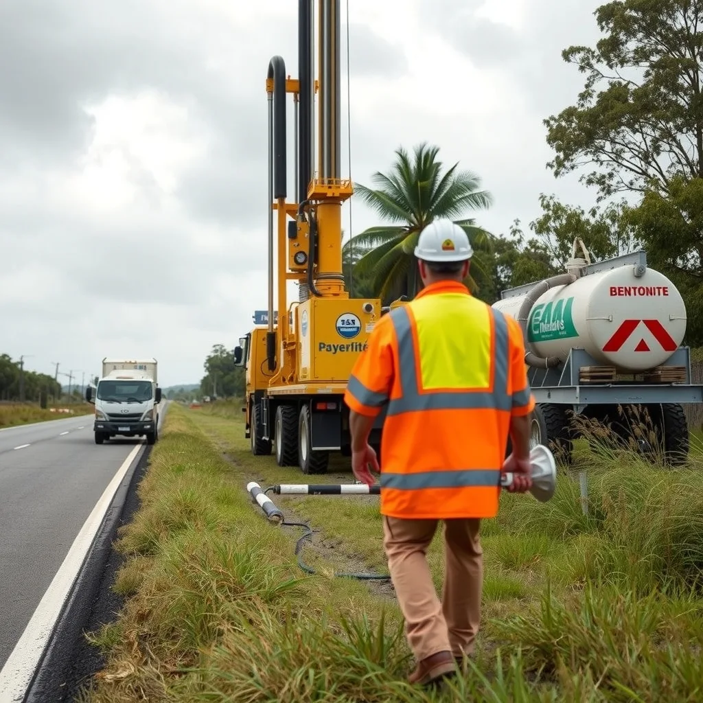 Directional drilling rig underboring beneath a road verge in regional Queensland