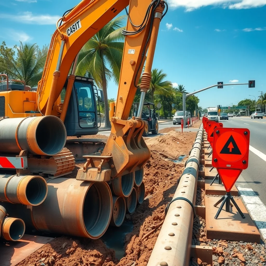 Excavator digging a service trench beside a tropical Queensland arterial road with traffic control barriers in place