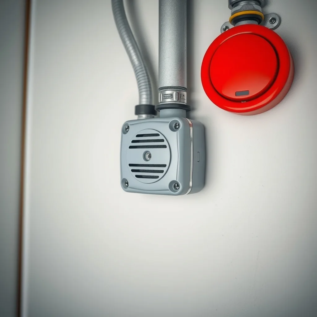 A generic wall-mounted gas detection sensor with conduit running along an industrial wall