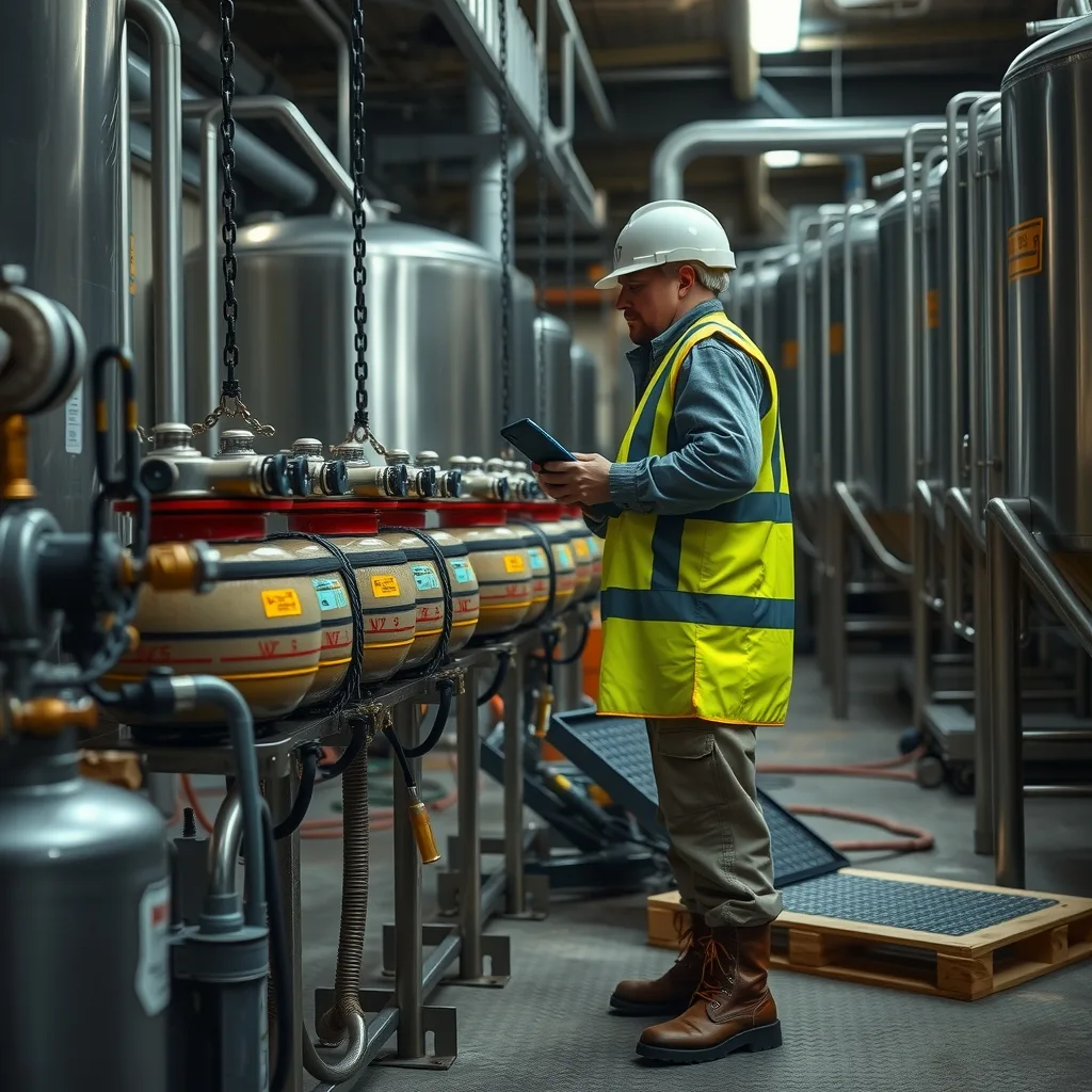 A worker in high-vis checking chained compressed gas cylinders in a small craft brewery