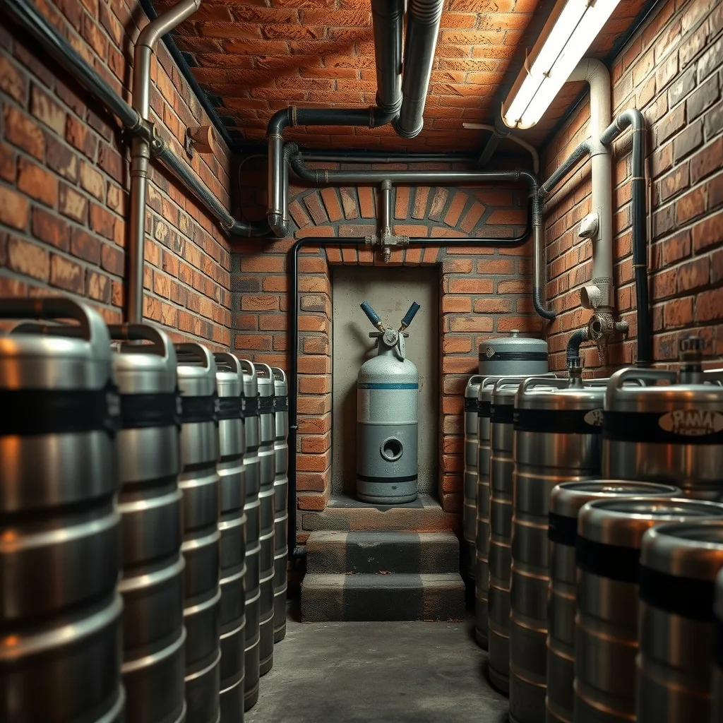 A pub keg cellar with stainless steel kegs, a strapped gas cylinder and dispense lines running to the ceiling