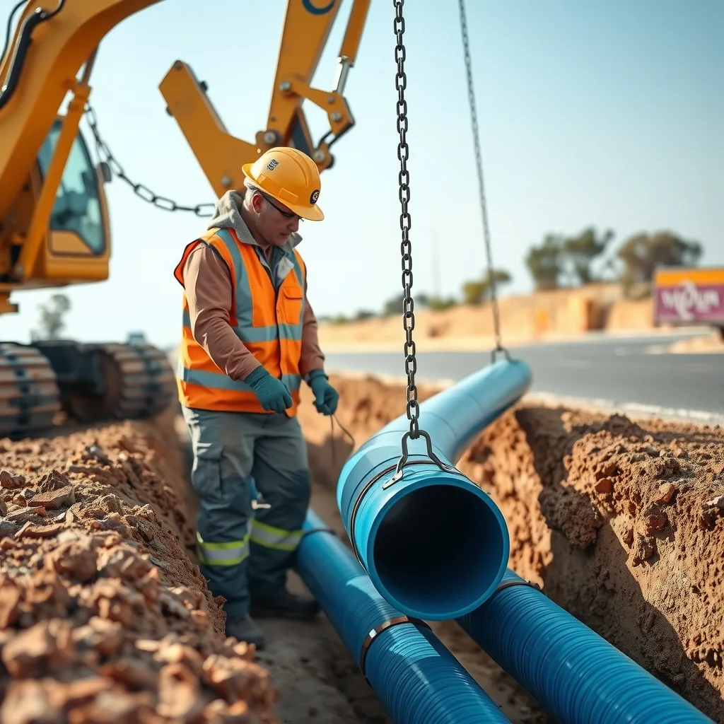 Workers in high-vis guiding a length of water main into an open trench from an excavator