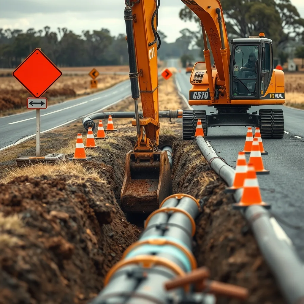 Excavator digging a water pipeline trench beside a regional Victorian road with traffic control signs in place