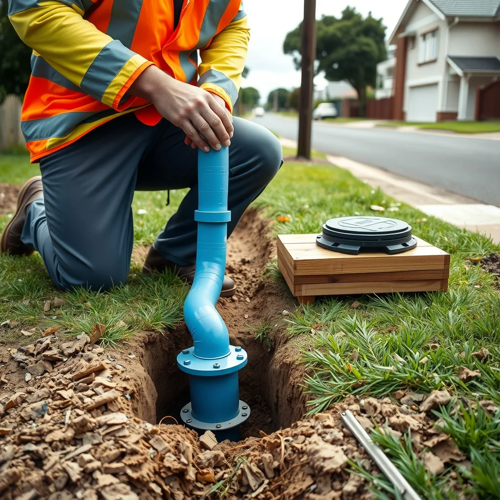 Plumber connecting small-diameter poly pipe beside a pressure sewer pump unit in a front yard