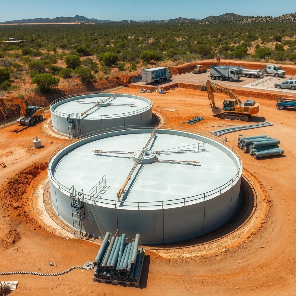 Concrete tanks and pipework under construction at a regional wastewater treatment plant site