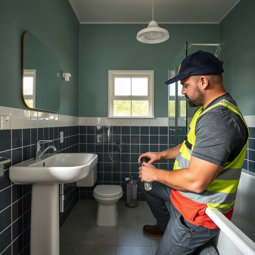 A tradesperson installs a modern bathroom fixture in a newly renovated Australian home.