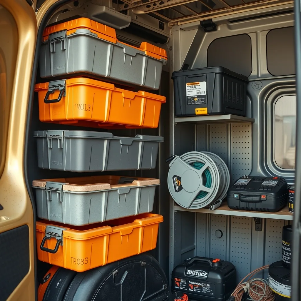 Stacked modular toolboxes and a coiled inspection cable inside a tradesperson's work van