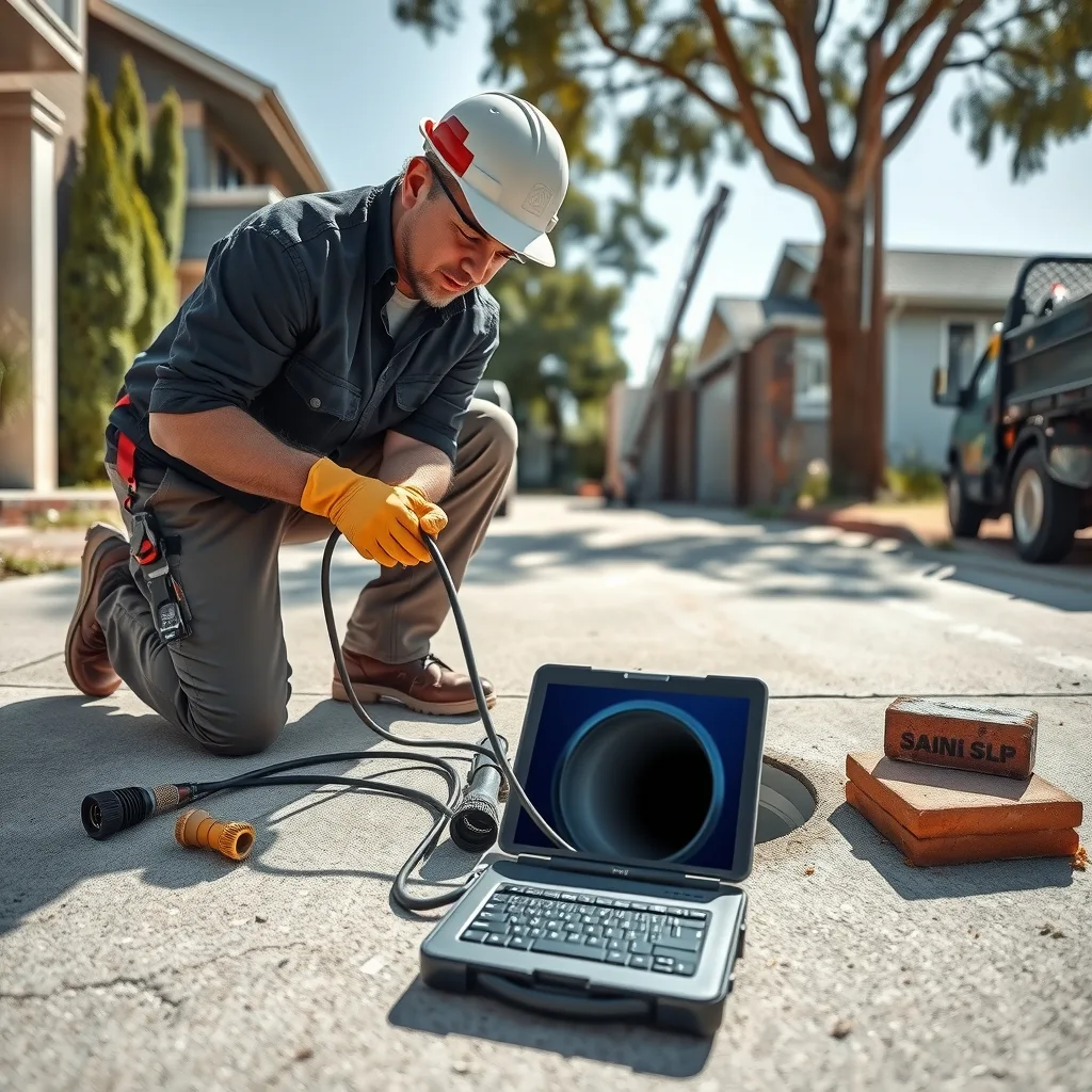 Plumber feeding a drain inspection cable into an inspection opening on a suburban driveway