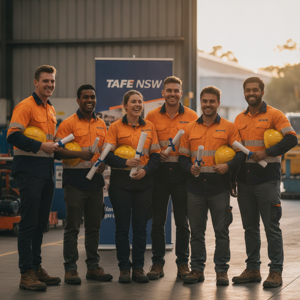 Diverse group of NSW trade apprentices smiling with scholarship certificates