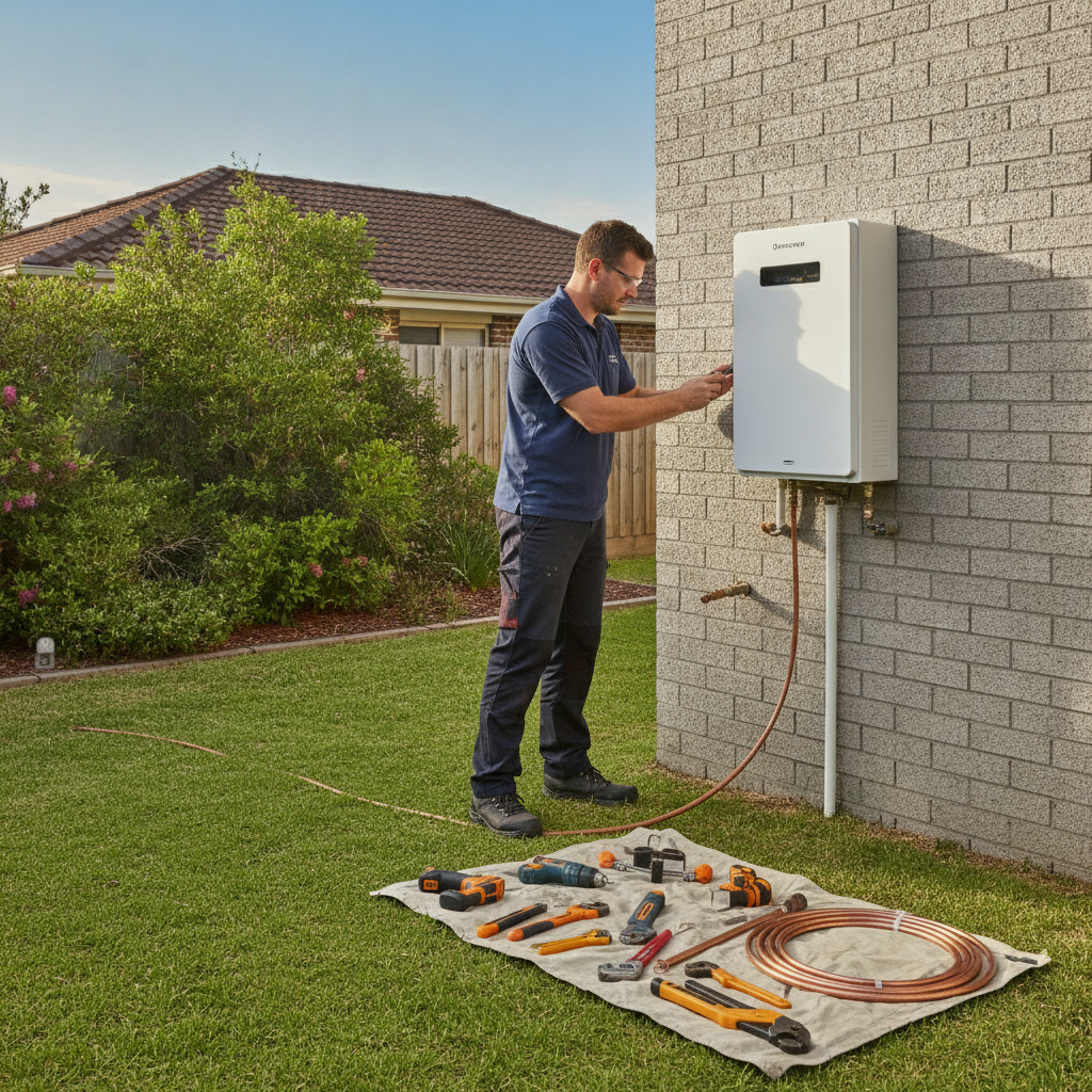 Plumber installing a tankless hot water system on an Australian home exterior