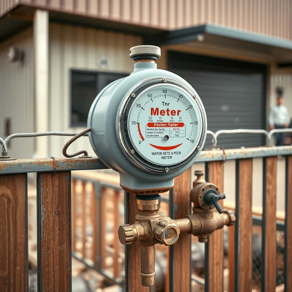 Commercial water meter and valve assembly at the front boundary of an industrial property.