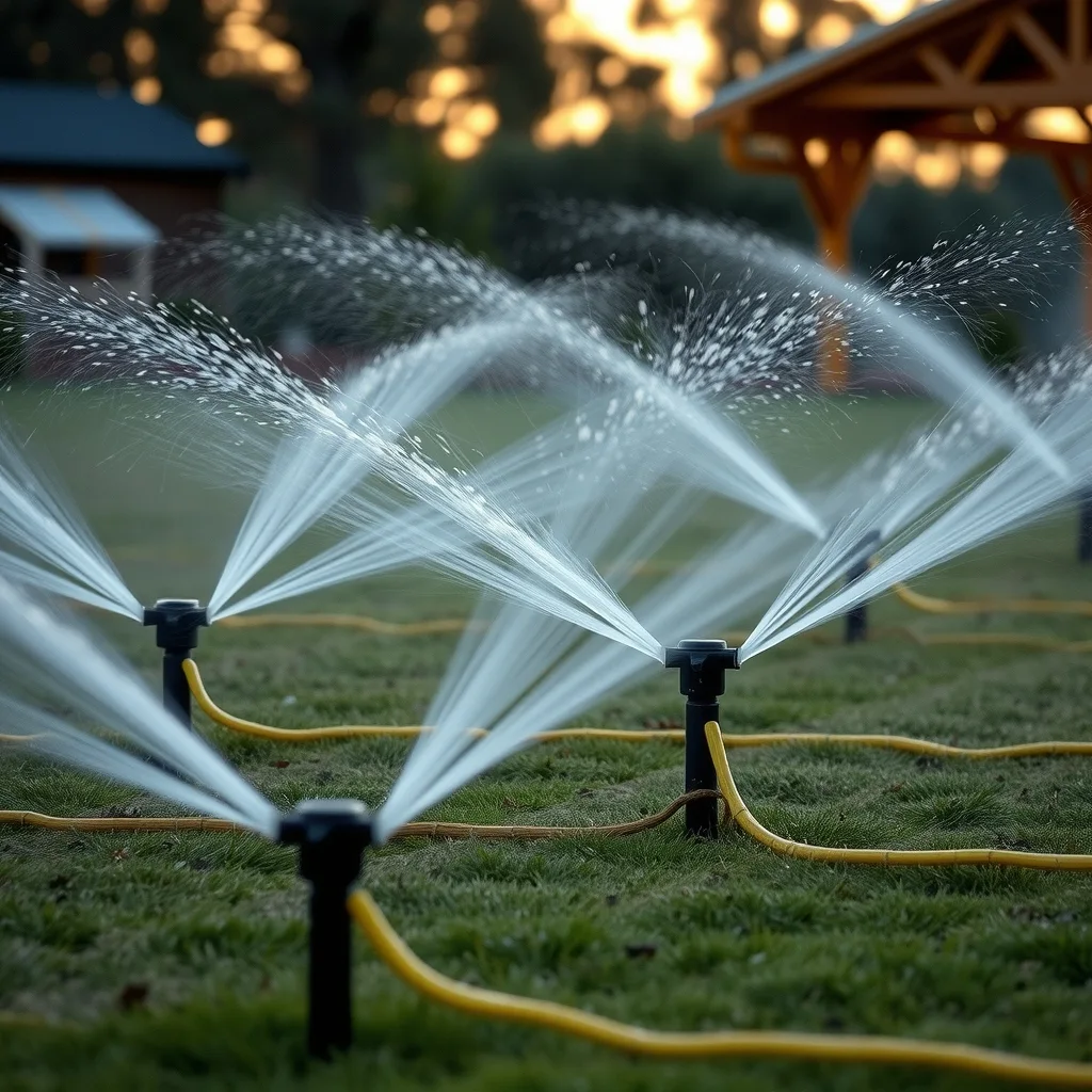 Pop-up sprinklers watering a community sports park at dusk.