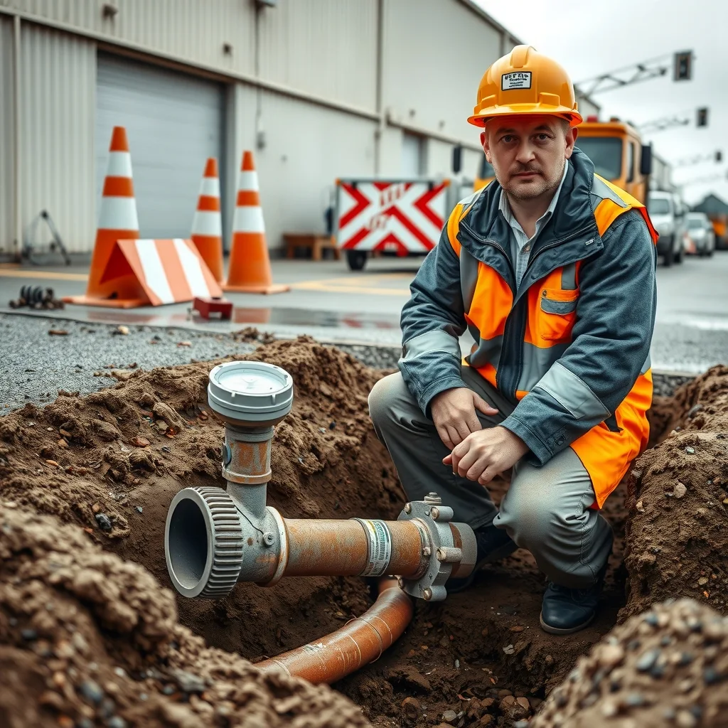 Plumber working in a trench at a commercial property boundary beside a large water meter and service pipe.