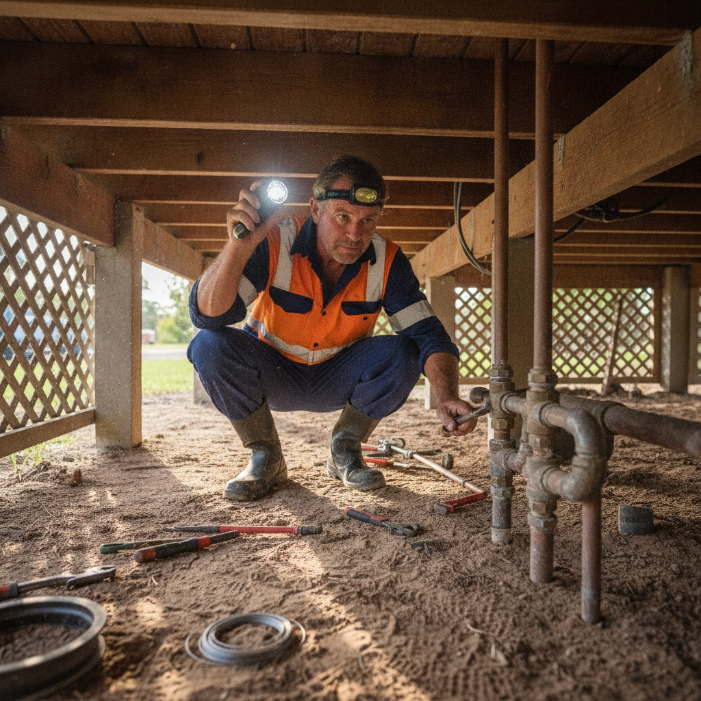 Plumber working on copper pipes under an Australian home