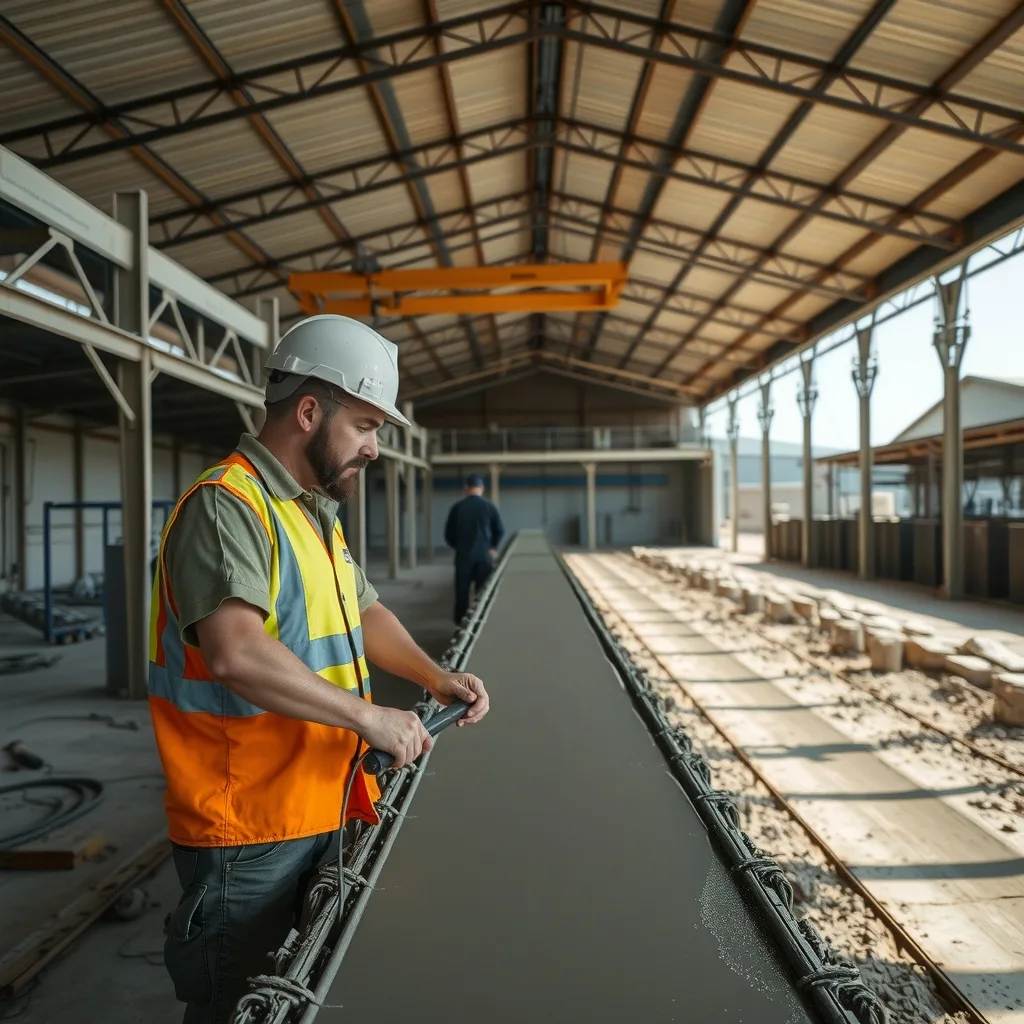 Worker screeding concrete in a casting bed inside a precast yard