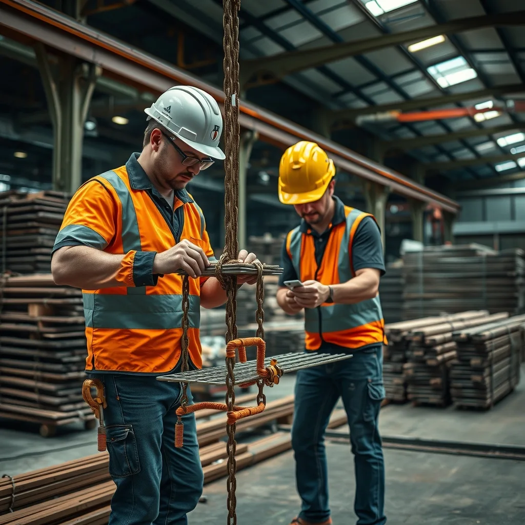 Steel fixers tying a reinforcement cage on a precast factory floor