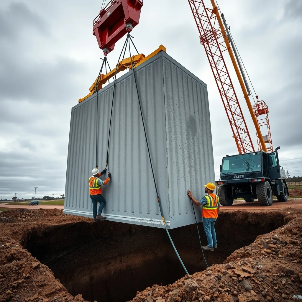 Crane lowering a precast concrete wall panel into a deep excavation at a water treatment site