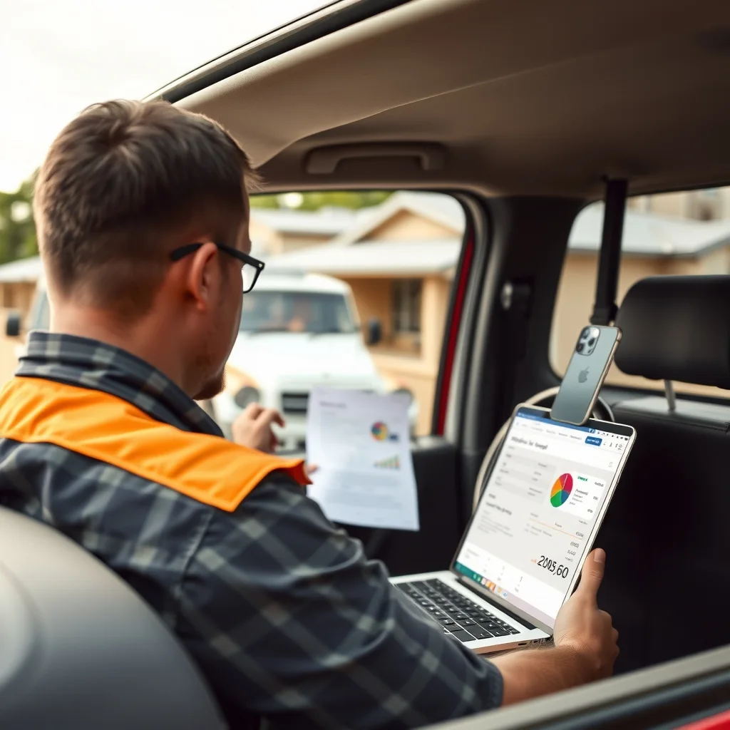 A builder works on a laptop in the cab of a ute with job site housing behind