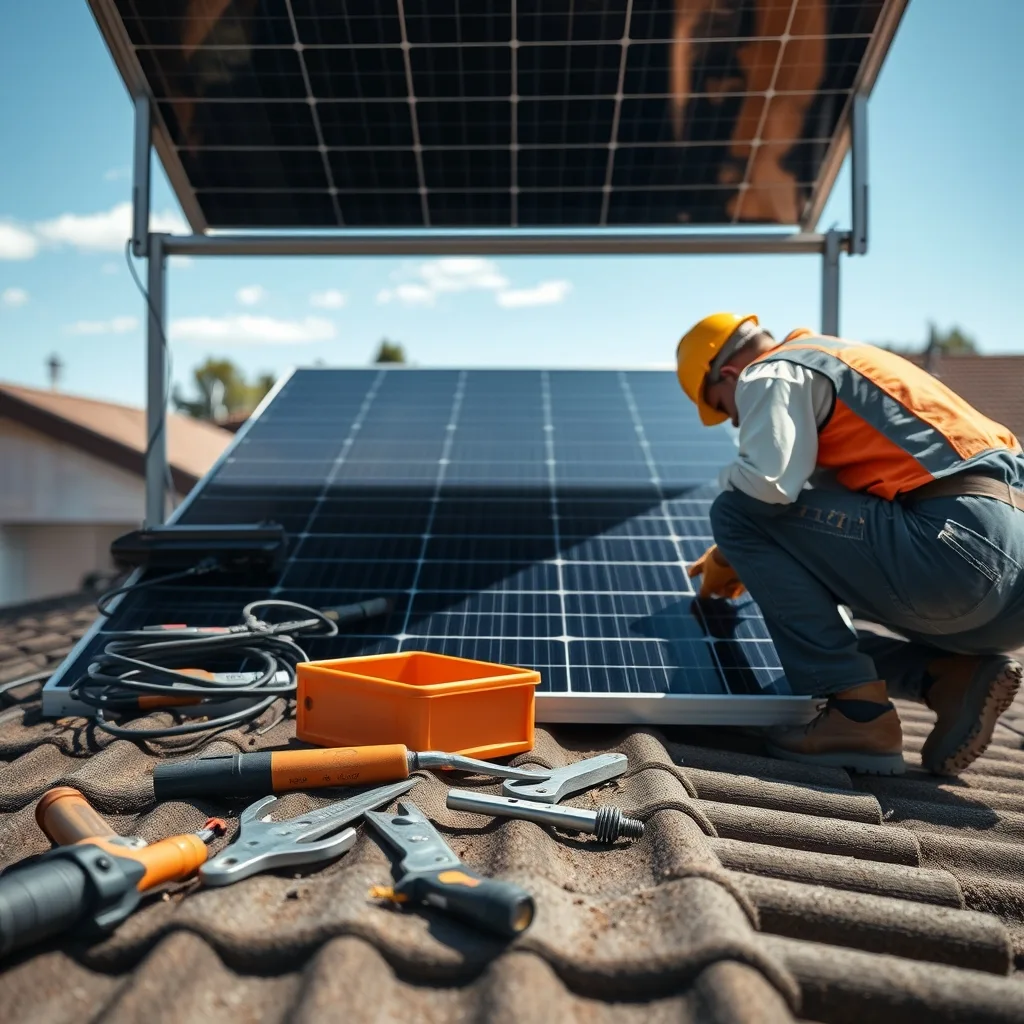Solar panels being installed on an Australian suburban roof with installation equipment visible.
