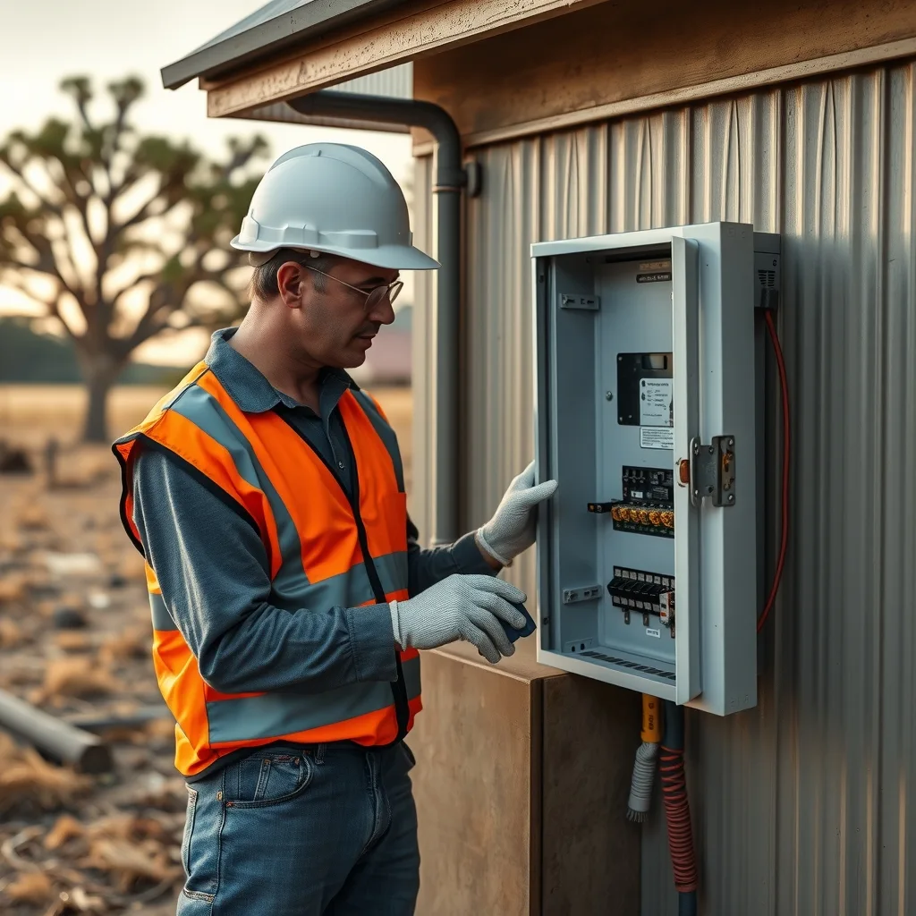 Electrician working at an outdoor electricity meter box on a rural Australian property