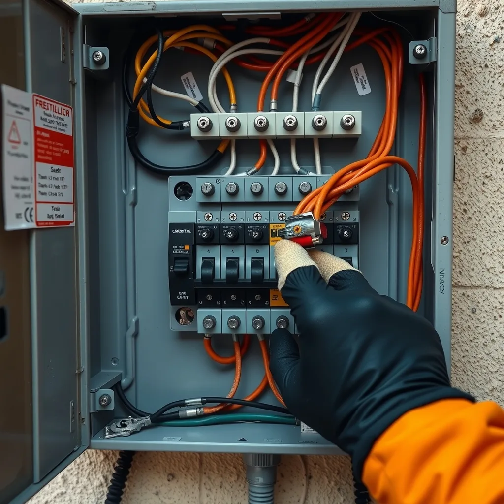 Close-up of a residential switchboard with breakers exposed and a gloved hand at an isolation switch.