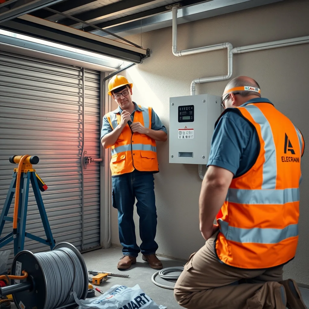 An electrician in hi-vis installing an unbranded home battery unit on a suburban garage wall.