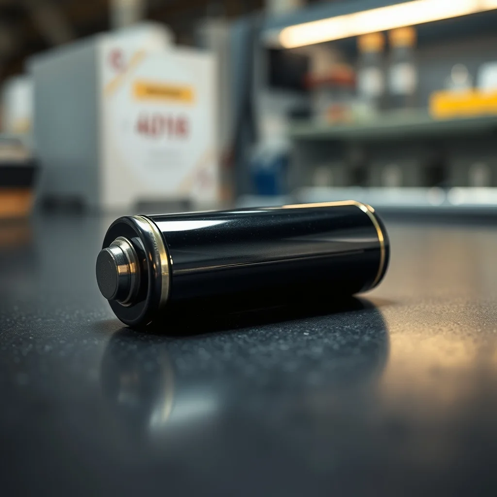 A glossy solid-state battery cell on a dark laboratory surface under soft technical lighting.