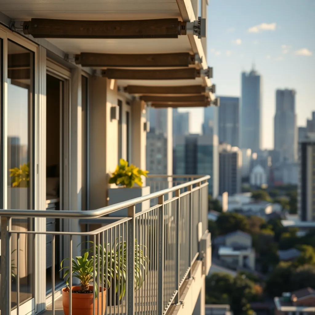 An empty apartment balcony railing on an Australian mid-rise block in late afternoon sun