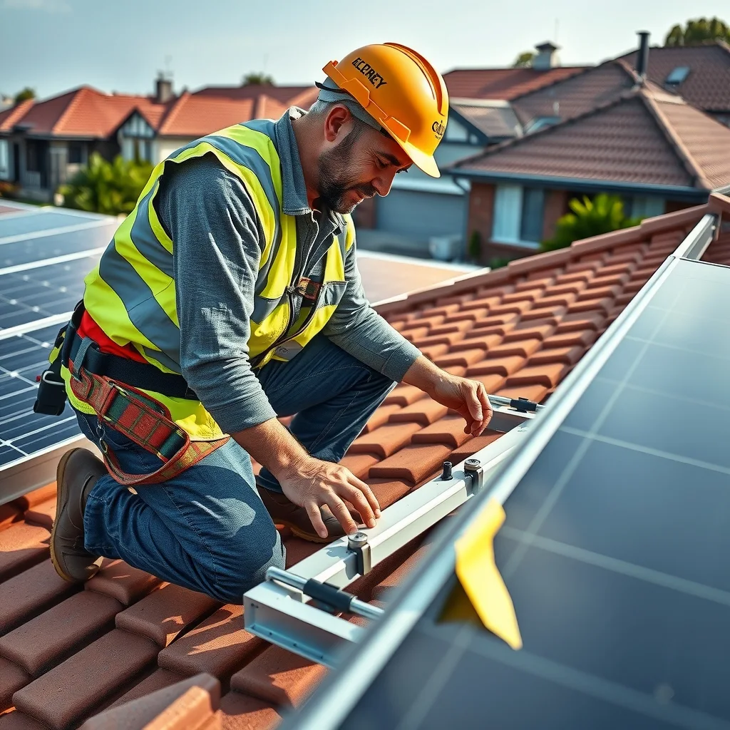 An electrician in hi-vis fits mounting rails for solar panels on a suburban Australian tiled roof