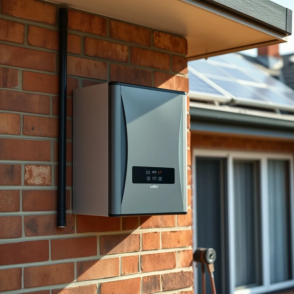 A wall-mounted home battery unit installed on a brick exterior wall with solar panels visible on the roof above.
