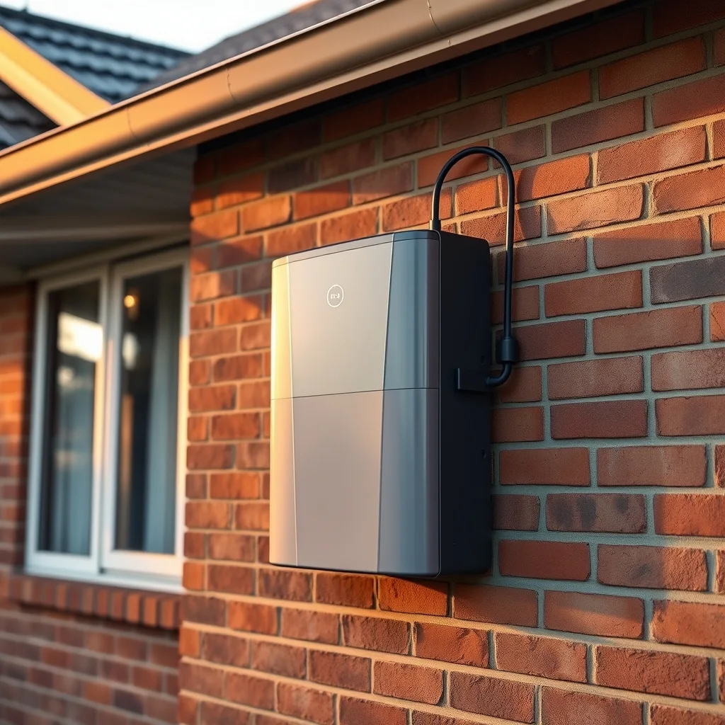 A wall-mounted home battery pack installed on the exterior brick wall of a suburban Australian house.