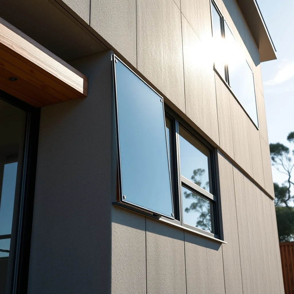 A modern building facade with integrated solar glass panels reflecting sunlight.