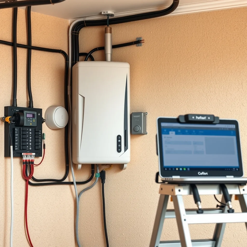 Installer commissioning a home battery system next to a switchboard