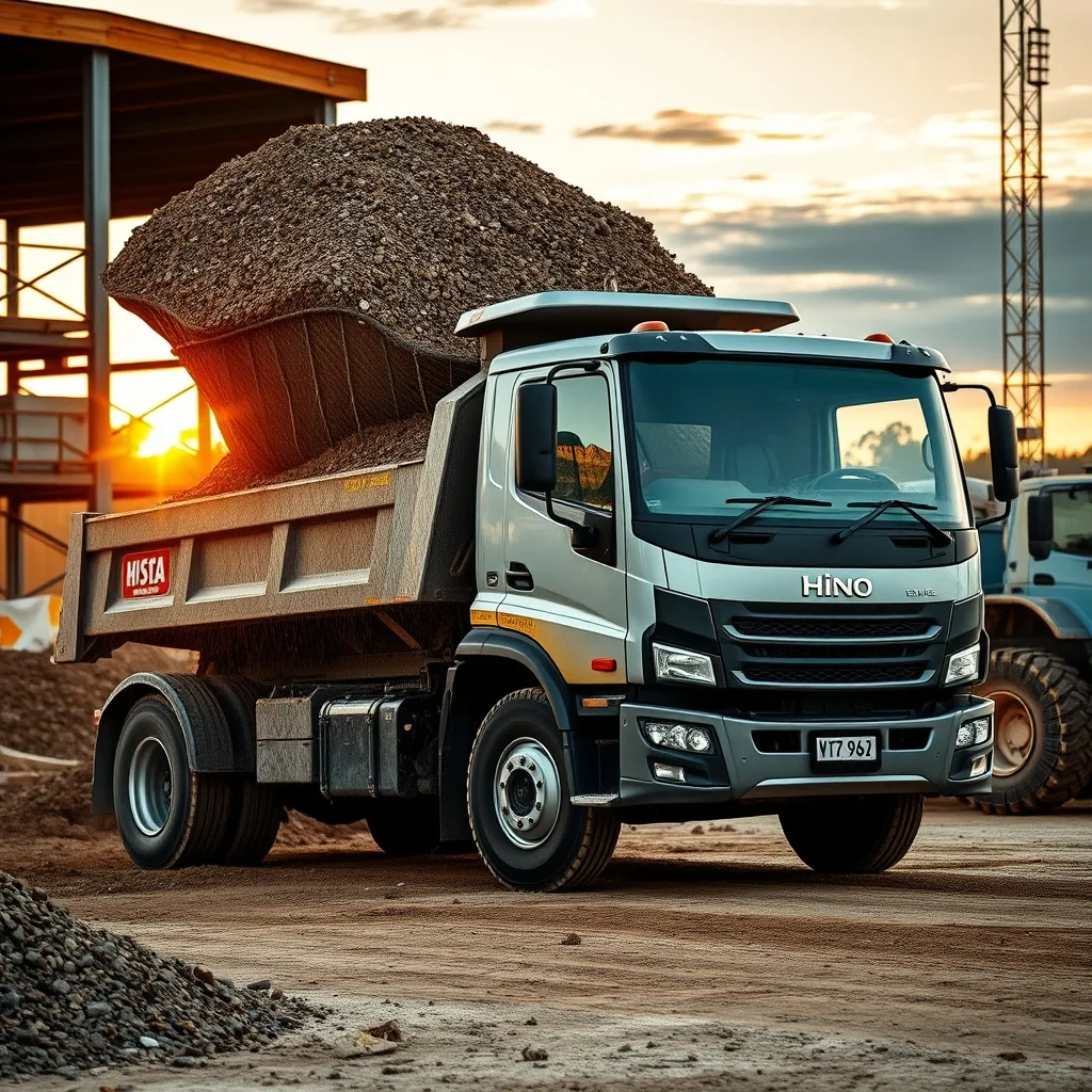 A Hino hybrid tipper truck tipping gravel on an Australian construction site in late afternoon light.