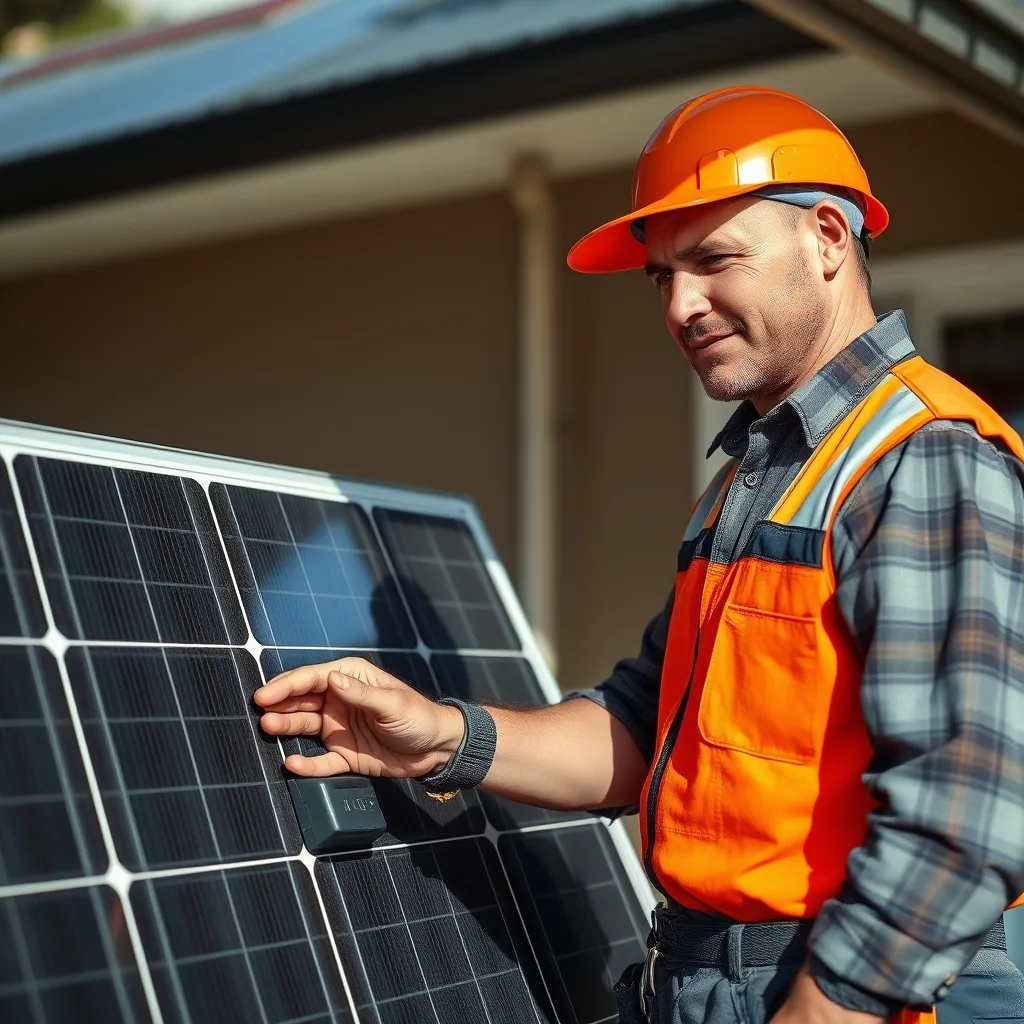 An electrician or solar installer inspects a home battery storage system mounted on the exterior wall of an Australian residential property.
