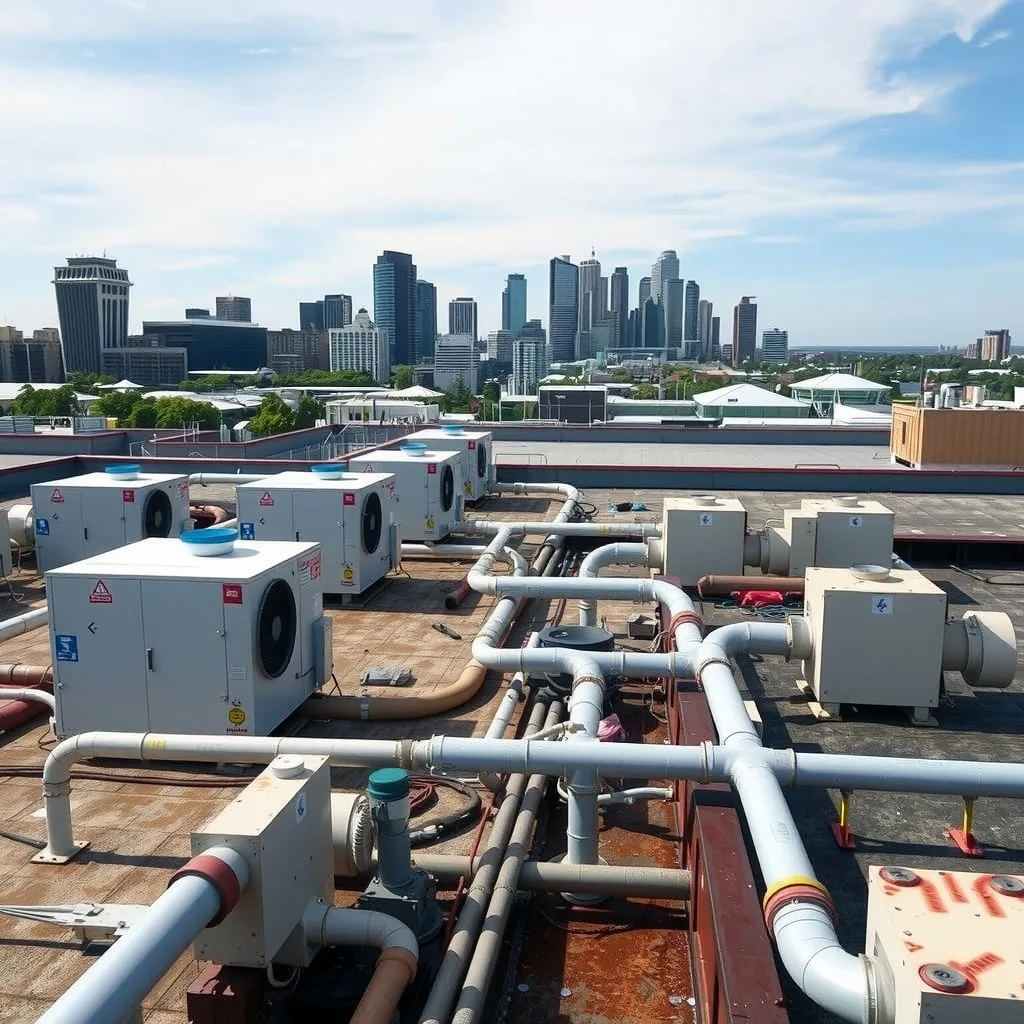Heat pump plant on the roof of a large hospital building